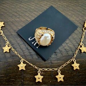 Gold-Tone Pearl Ring & Star Charm Bracelet Set